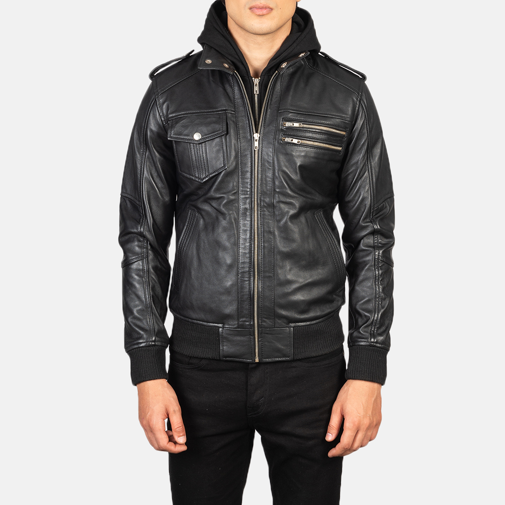 Men's+Bravado+Black+Hooded+Leather+Bomber+Jacket+Close+Front-5-1634133571976
