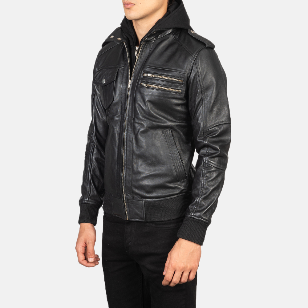 Men's+Bravado+Black+Hooded+Leather+Bomber+Jacket+Side+Pose-3-1634133558663